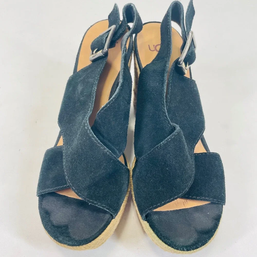 UGG Trina Black Suede Espadrille Wedge Sandals 1019902 Womens 7